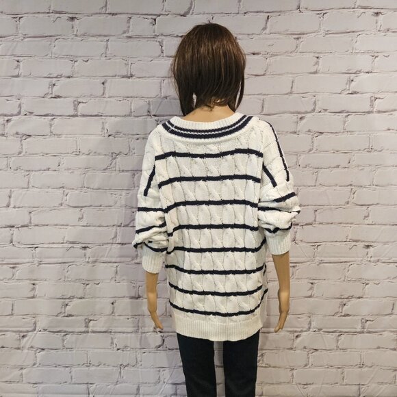 On 34th - Women's V-Neck Cable-Knit Rugby Sweater in navy/white stripes - Picture 8 of 10